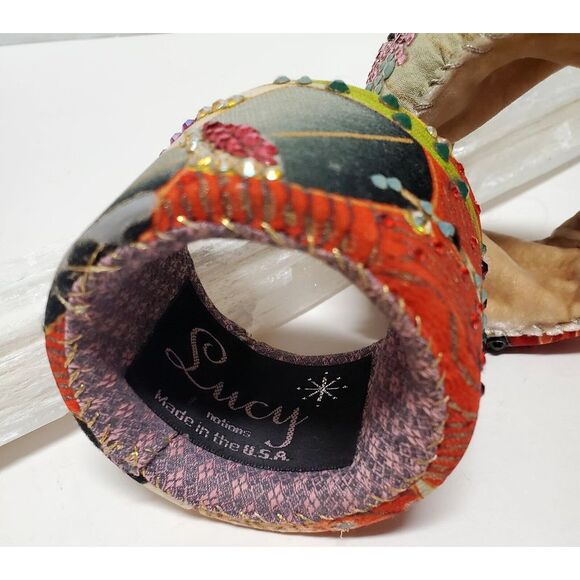 Lucy Notions 2 Wide Handmade VTG Silk Velvet Rhinestone Cuff Bracelets USA Boho - Picture 9 of 10